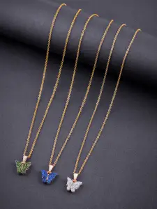 DressBerry Set Of 3 Gold-Plated Sparkling Butterfly Pendant With Chain