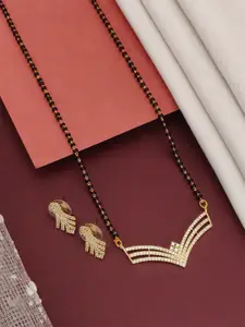 ABDESIGNS Gold -Plated American Diamond Studded & Beaded Mangalsutra With Earrings
