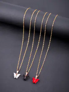 DressBerry Set Of 3 Gold-Plated Sparkling Butterfly Stone Studded Pendants with Chains