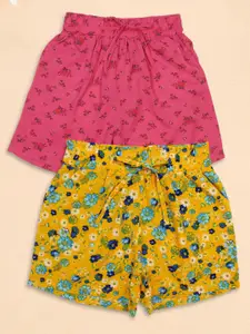 CUTECUMBER Pack of 2 Girls Floral Printed Regular Fit Mid-Rise Shorts