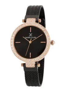 Daniel Klein Women Gold-Toned Embellished Dial & Black Bracelet Style Straps Analogue Watch