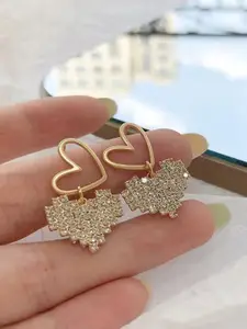 KRENOZ Gold-Plated Crystals Studded Heart Shaped Drop Earrings