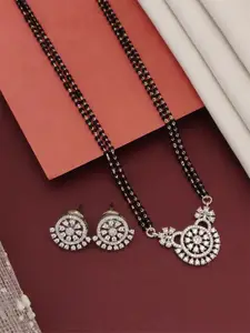 ABDESIGNS Silver-Plated American Diamond Studded & Beaded Mangalsutra With Earrings