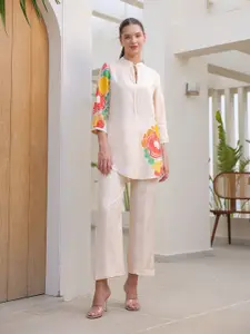 JISORA Women's Beige Printed Russian Silk Top With Trousers Co-Ords