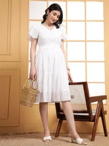 DEEBACO Women Self Design Fit & Flare Midi Dress