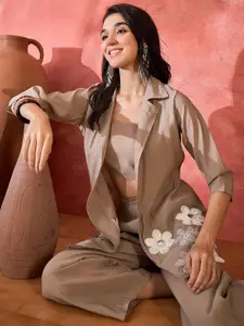 Sangria Floral Embroidered Notched Lapel Collar Top & Trousers With Jacket Co-Ords