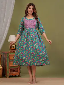 BAESD Women Floral Printed Maternity Cotton Fit & Flare Midi Dress