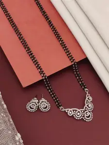 ABDESIGNS Silver-Plated American Diamond Studded & Beaded Mangalsutra With Earrings