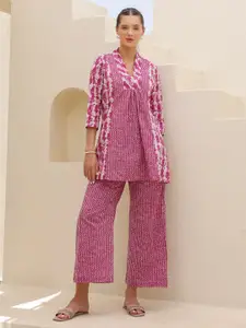 JISORA Women's Pink Printed Cotton Top With Trousers Co-Ord Set