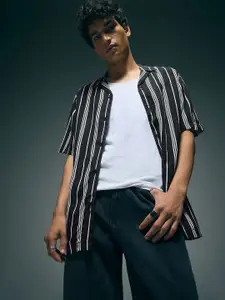 Flying Machine Men Vertical Striped Cuban Collar Casual Shirt