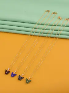 DressBerry Set Of 4 Gold-Plated Sparkling Resin Butterfly Pendant With Chain