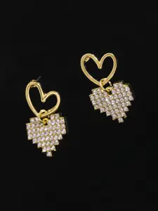 KRENOZ Gold-Plated Crystals Studded Heart Shaped Drop Earrings