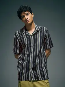 Flying Machine Men Vertical Striped Cuban Collar Casual Shirt