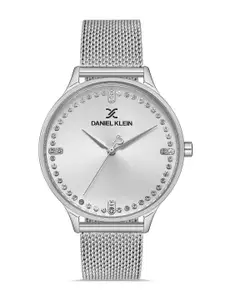 Daniel Klein Women Silver-Toned Embellished Dial & Silver Toned Bracelet Style Straps Analogue Watch