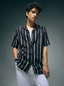 Flying Machine Men Vertical Striped Cuban Collar Casual Shirt