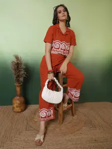 Sangria Embroidered Pure Cotton Crop Top With Trouser Co-ords