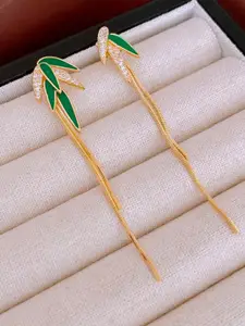 KRENOZ Gold Plated Crystal Studded Leaf Shaped Drop Earrings