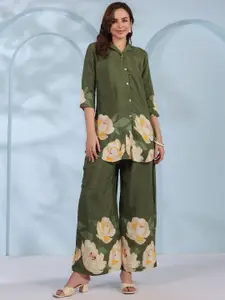 JISORA Women's Green Printed Russian Silk Top With Trousers Co-Ords