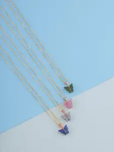 DressBerry Set Of 4 Gold-Plated Sparkling Butterfly Pendant With Chain