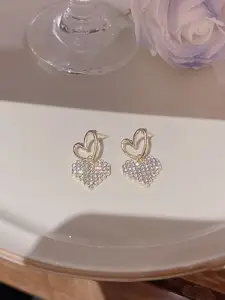 KRENOZ Gold Plated Crystal Studded Heart Shaped Drop Earrings