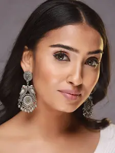 Sangria Silver-Plated Artificial Stones & Kundan Studded Peacock Shaped Drop Earrings