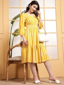 DEEBACO Women Striped Puff Sleeve Fit & Flare Dress