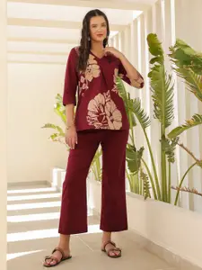 JISORA Women's Wine  Printed Cotton Top With Trousers Co-Ord Set