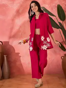 Sangria Floral Embroidered Notched Lapel Collar Top & Trousers With Jacket Co-Ords
