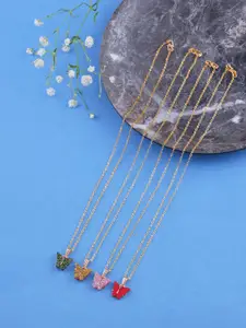 DressBerry Set Of 4 Gold-Plated Stones Studded Sparkling Butterfly Pendants With Chains