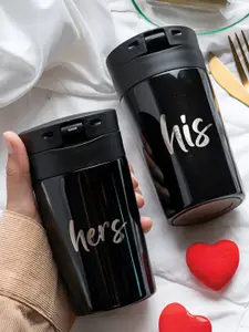 BOROSIL Black 2 Pieces Stainless Steel His & Her Printed Double Wall Vacuum Coffeemate Mug