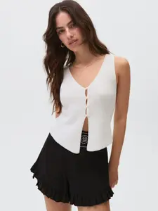 MANGO Women Beaded Embroidered Ruffled Pure Cotton Shorts