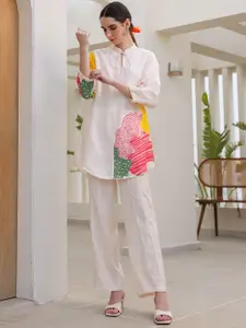 JISORA Women's Beige Printed Russian Silk  Top With Trousers Co-Ord Set