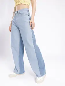 glitchez Women Baggy Fit High-Rise Contrast Panelled Frayed Hem Jeans