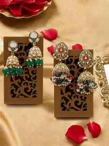 Zaveri Pearls Set Of 2 Gold-Plated Stones & Cluster Beaded Statement Dome Shaped Jhumkas