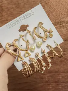 Celestique Set Of 9 Korean Gold-Plated Pearls Beaded Contemporary Half Hoop Earrings