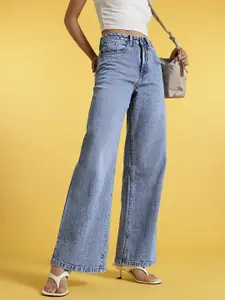 glitchez Women Retro Wide Leg Faded Jeans