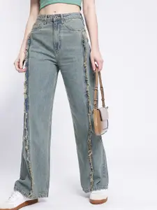 glitchez Women Baggy Wide Leg High-Rise Frayed Light Fade Jeans