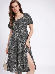 Stylecast X Hersheinbox Floral Print Raglan Sleeve Square Neck High-Slit A-Line Dress