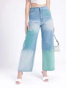 glitchez Women Baggy Wide Leg High-Rise Distressed Heavy Fade Jeans