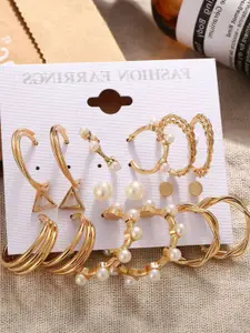 Celestique  Set Of 9 Korean Gold-Plated Pearls Beaded Contemporary Half Hoop Earrings