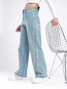 glitchez Women Frayed Detail Baggy Wide-leg High-Rise Jeans