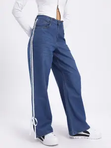 glitchez Women Wide Leg Side Stripe Bow Detail Jeans