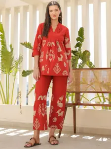 JISORA Women's Red Printed Cotton Top With Trousers Co-Ord Set