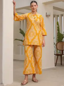JISORA Women's Yellow Printed Cotton Top With Trousers Co-Ord Set