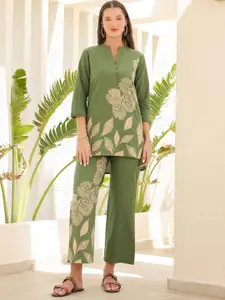 JISORA Women's Green  Printed Cotton Top With Trousers Co-Ord Set