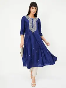 max Women Ethnic Motifs Embroidered Panelled A-Line Calf Length Kurta with Thread Work