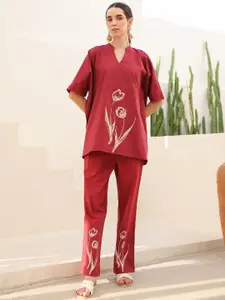 JISORA Women's Rust Printed Russian Silk Top With Trousers Co-Ord Set