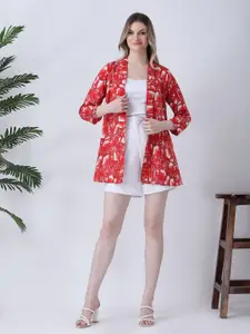 Qurvii Geometric Printed Mandarin Collar Open Front Casual Shrug