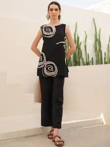 JISORA Women's Black Russian Silk Top With Trousers Co-Ords