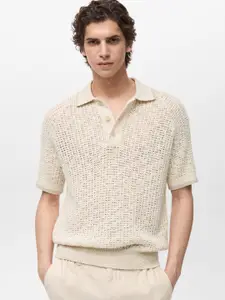MANGO MAN Polo Collar Crochet Pure Cotton T-shirt